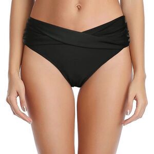 Tempt Me Black High Waisted V-Cut Bikini Bottoms | Ruched Tummy Control Swimwear